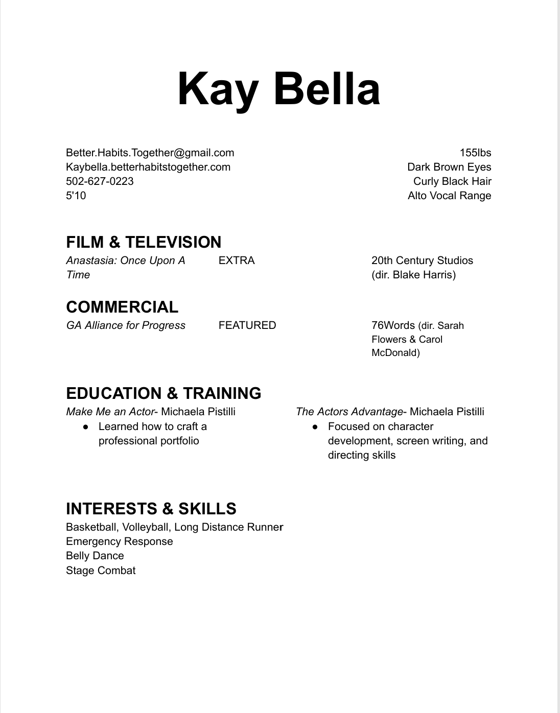Louisville Commercial Acting Modeling Resume Kay Bella